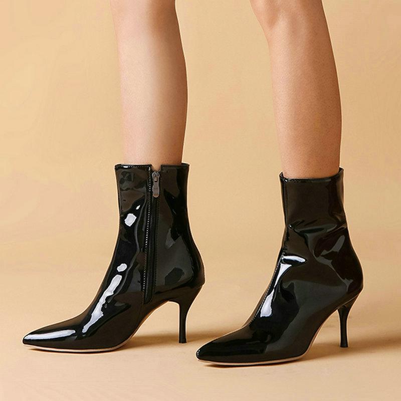

Black Red White Women Shoes Sexy Nude Boots Stiletto Zipper Ladies Boots Patent Leather Pointed Toe Calf Large Size 34-43