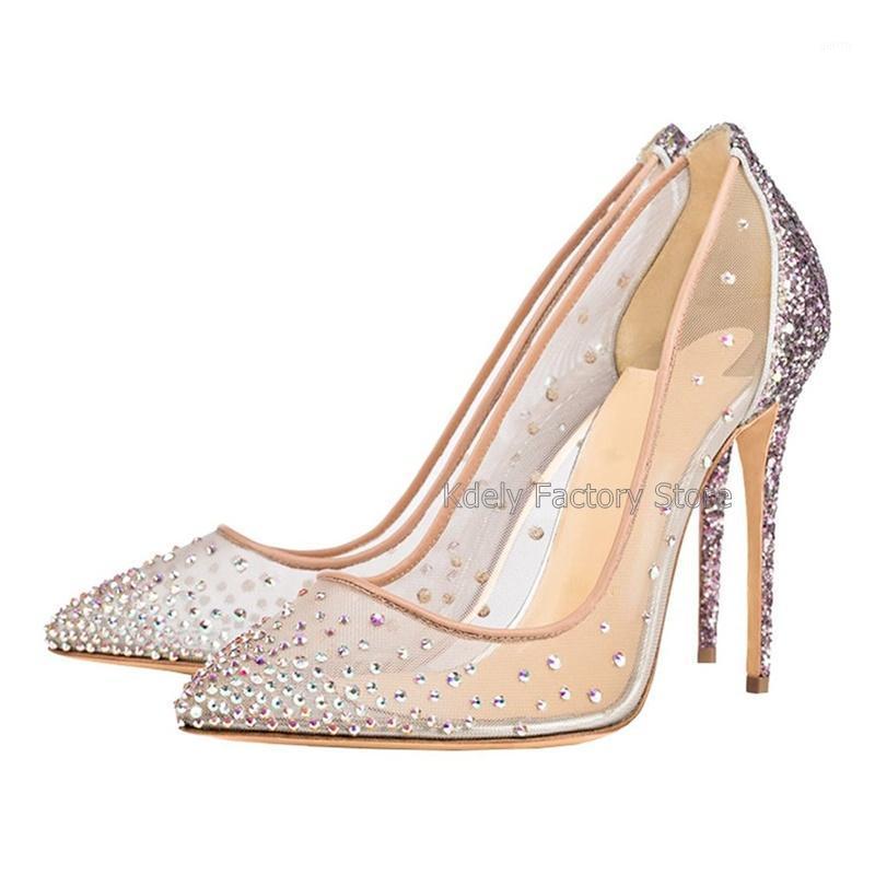 

Plus size 46 beige mesh see though thin high heel party Shoes women sexy stilettos Heels Pointed Toe bling bling crystal Pumps1, 12cm heels