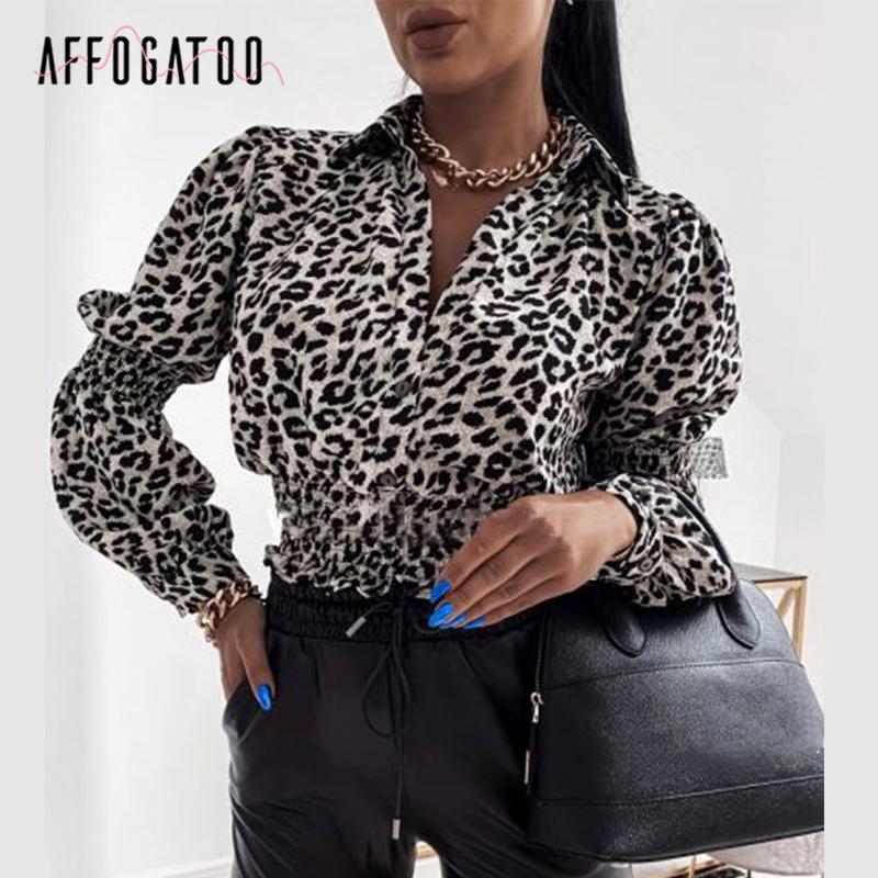 

Affogatoo Sexy animal print women' top High waist Lantern Sleeve V-neck slim shirt Nightclub style short spring autumn top 2020, Brown