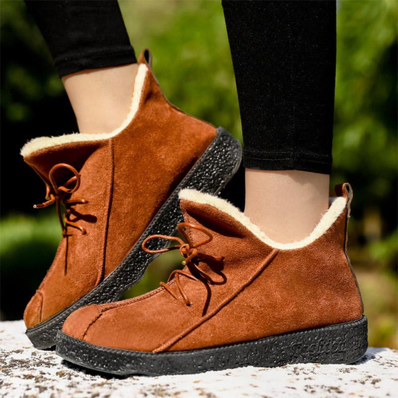 

Lace Women Up Short Plush Non Slip Ankle Boots Ladies Platfort Flats Female Warm Winter Soft Shoes PU Leather Sewing Comfortable, Black