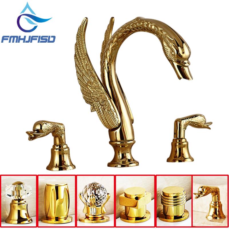 

Luxury Golden Swan Shape Basin Faucet Widespread Sink Faucets Dual Handle Deck Mount Bathroom Mixer Water Taps