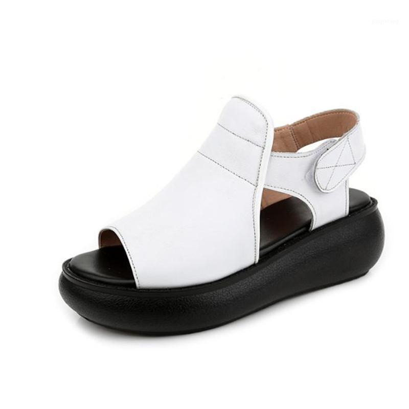

2020 new platform bottom sandals women Summer new flat shoes women Leather casual plus size sandals Leather white Roman1