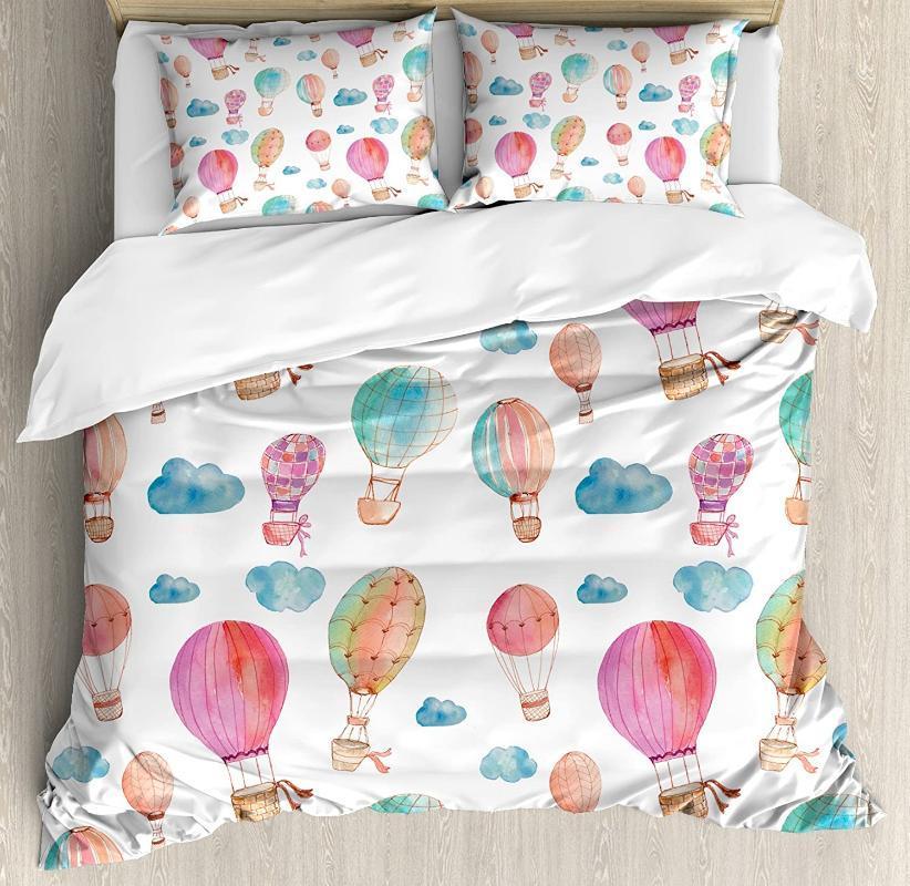 

Watercolor Duvet Cover Set Hand Painted Style Cute Floating Hot Air Balloons with Blue Clouds Print Bedding Set Blue Pink Coral1, As pic