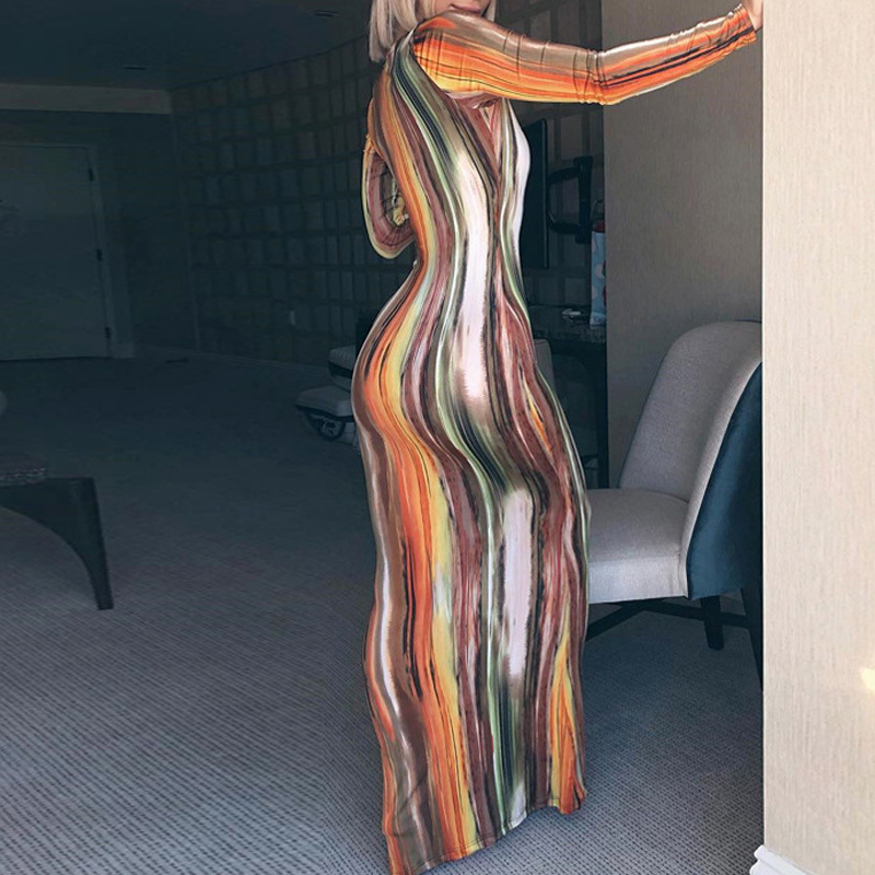 

2020 Boho Maxi Dress Bodycon Women Elegant Long Party Dress Floor Length Deep V Neck Tight Sexy Club Dress with Long Sleeve, Orange