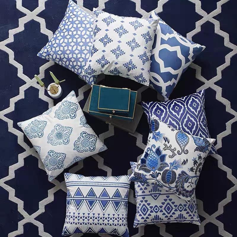 

Pillow case 45*45CM Blue Blue and White Porcelain Geometric Printing Hugging Pillowcase Home Sofa Cushion Cushion Cover, 11