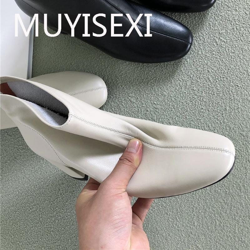 

Winter lady genuine leather square toe 6cm high heel Korean street back zipper fashion soft cozy all-match boots DONQ21 MUYISEXI1, Beige