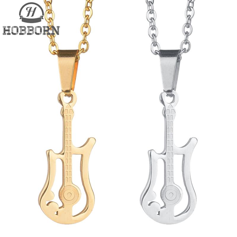 

HOBBORN Classic Guitar Women Men Necklace 316L Stainless Steel Gold Silver Color Instrument Female Pendants & Necklace Jewelry