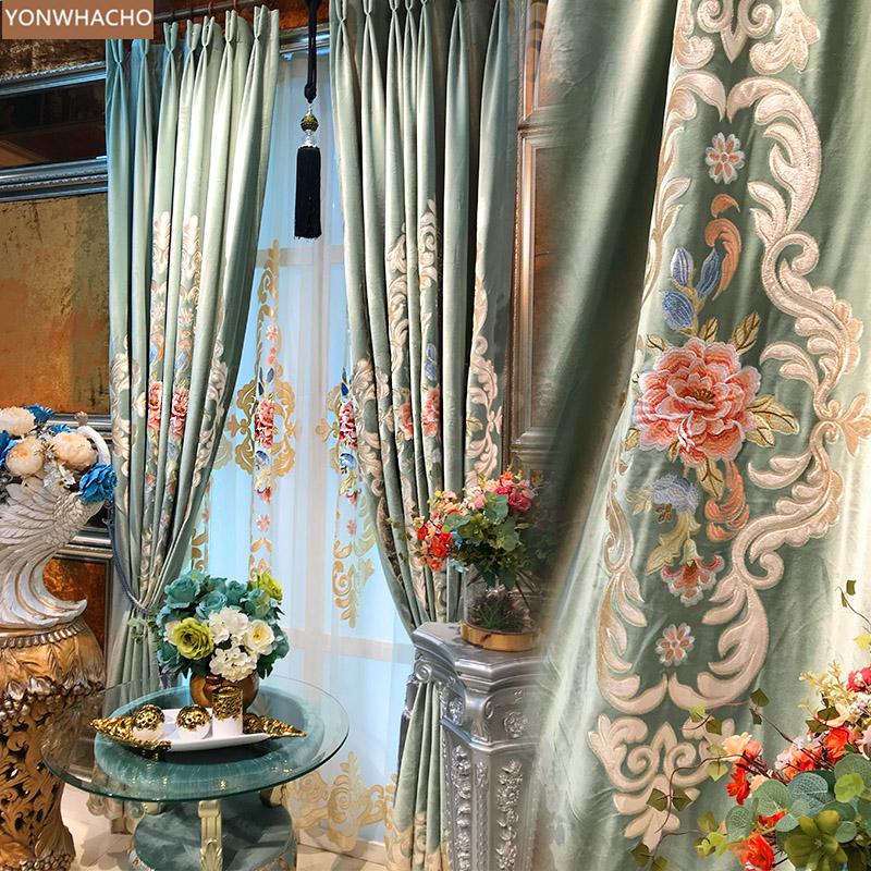 

Custom curtains embroidery European American blue green bay floor window thick cloth blackout curtain tulle drapes B597, Tulle sheer