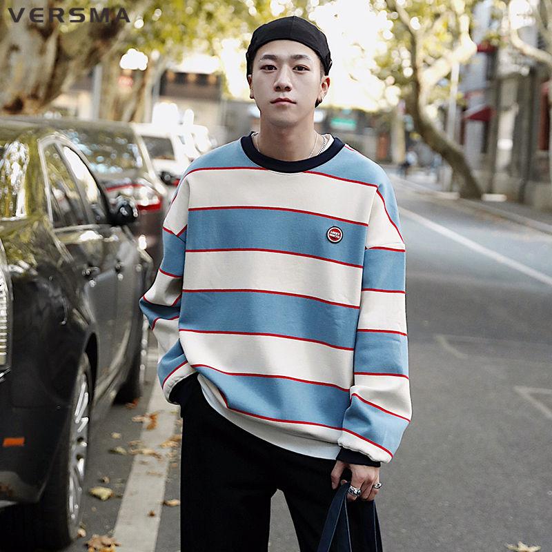 

Men's Hoodies & Sweatshirts VERSMA Korean Trendy Kpop Fashion Casual Striped Hoodie Men Round Neck Long Sleeve Sweatshirt Women Plus Size 5X, Black