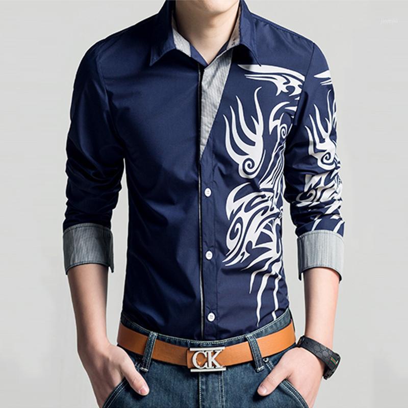 

Men's Dress Shirts Wholesale- 2021 Male Fashion European Style 8 Colors Tattoo Dragon Printed Men Slim Long Sleeve Shirt Plus Size 4XL #8040, 1white