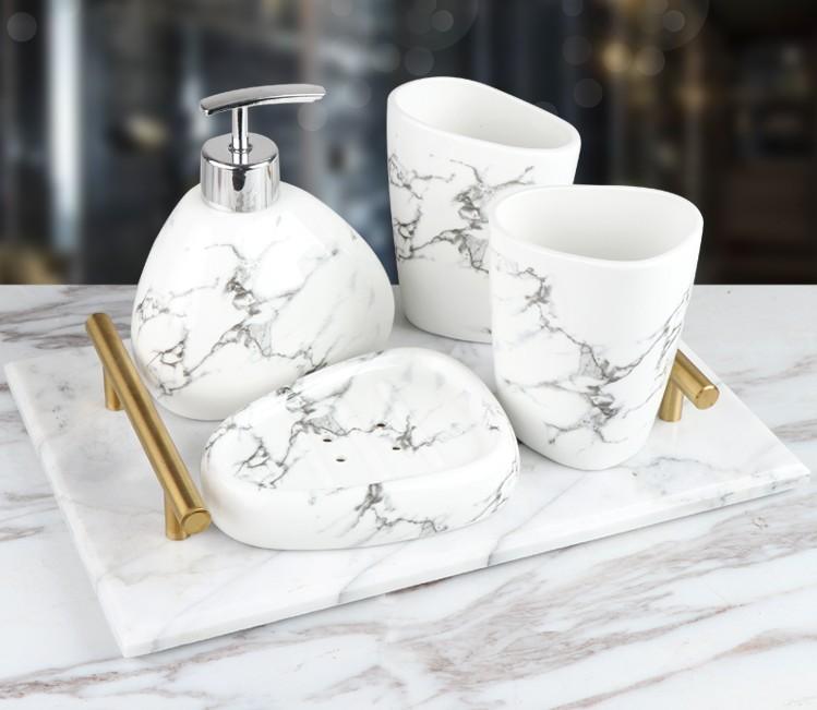 

Nordic Marble Texture Ceramics Bathroom Set Five-piece Washing Set Mouth Cup Resin Cotton Swab Box