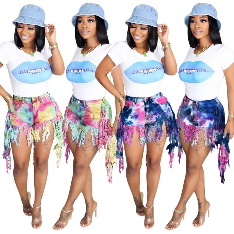 

High Waist Denim Shorts Plus Size Tie Dye Tassels Casual Women Fashion Waisted Streetwear Club Party Short Jeans Biker Shorts, Blue