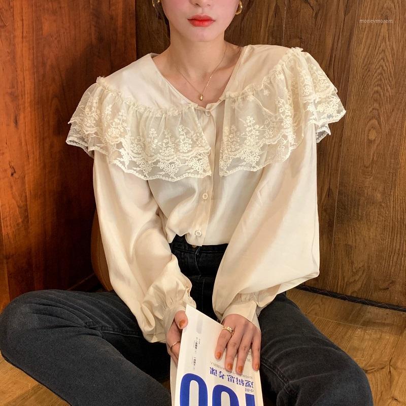 

Blouse French heavy industry double-layer lace hook flower lace large lapel V-neck loose and thin long-sleeved blouse female1, Beige