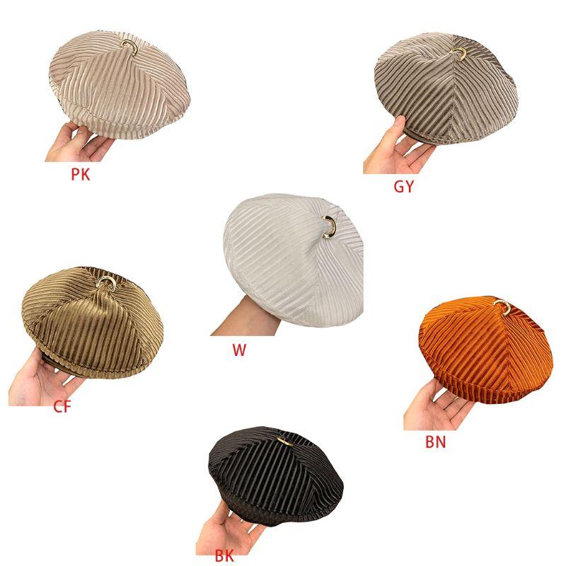 

Japanese Women Winter Autumn Velvet Solid Color Beret Cap Striped Texture Vintage Painter Pumpkin Beanie Hat with Metal Ring Top, Pink