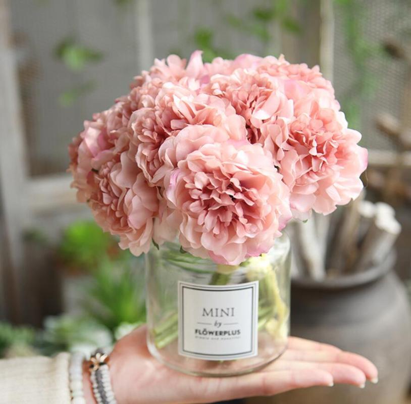 

5pcs Artificial Peony Flower Leaf Stem Branch For Wedding Bridal Bouquet Home Office Hotel Decoration, Pink