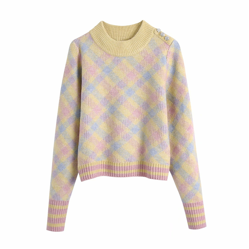 

2021 New Sweet Women Streetwear Rhombus Plaid Sweaters Fashion Ladies Knitted Tops Elegant Female Chic Diamonds Button Pullovers Xmc6, Yellow pink blue