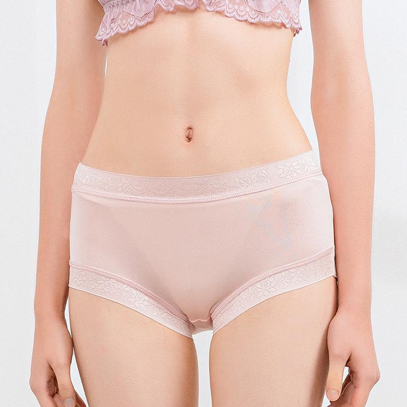 

100% Silk Women's Mid-Waist Lace Underwear High Quality Women's Summer Thin Breathable Large Hip Silk Boyshorts Panties 20061, Beige