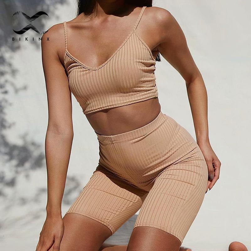 

Short pants Ribbed yoga suit bodysuit Bandeau gym sport set Sexy seamless beach wear Sleeveless workout cloth for women 2021 NEW, X20sc0097-2