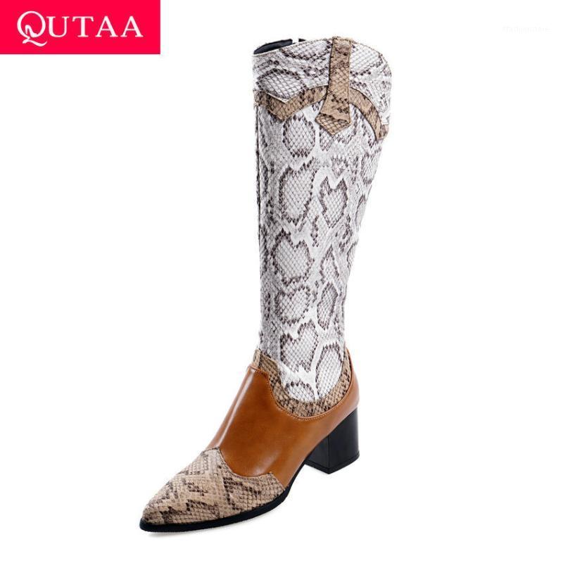 

QUTAA 2020 Snakeskin PU Leather Fashion Mixed Color Women Shoes Pointed Toe Square High Heel Zipper Knee High Boots Size 34-431, Black