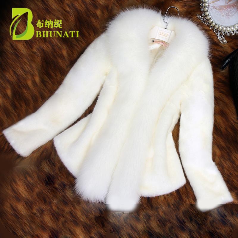 

BHUNATI New Arrival Women Fur White Coat with Faux Fur Collar Female Black Artificial Coat Fashion SlimOvercoat