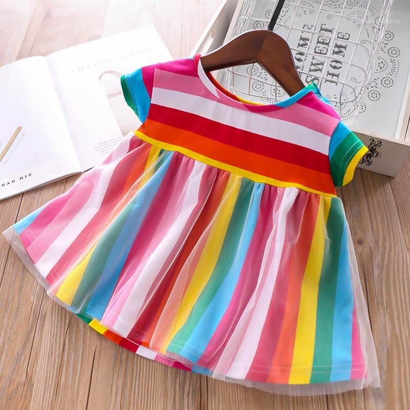 

Everweekend Ins Kids Striped Candy Rainbow Color Tulle Ruffles Tops Clothes Patchwork Summer Sweet Girls Holiday Blouse Tees1, As picture