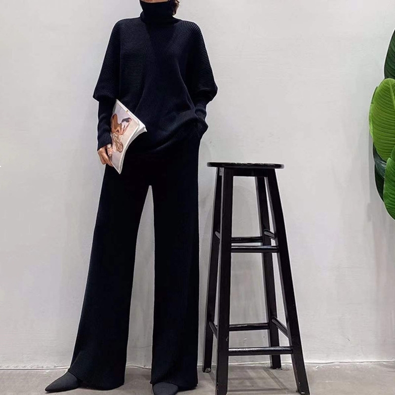 

Elegant Knitted-out Suit for Winter Women Korean Loose 2 Piece Defines Turtleneck Tops Define Double-length Length Legged Pants 5DVP 5WK8, Haji