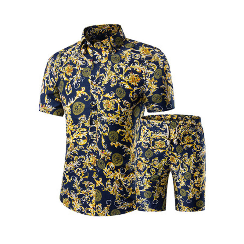 

2021 New Men's Summer Printed Shirt + Standard Decorative Shorts of Size Pieces D9S5