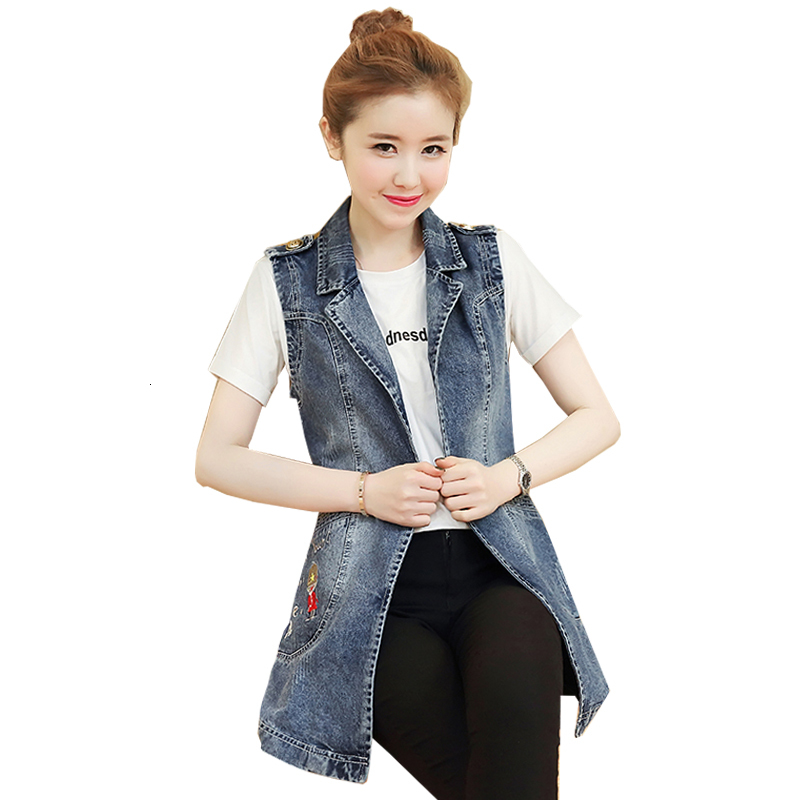 

2021 New Autumn Denim Women Korean Plus Size One Button Jean Ladies Long Vest Elegant Women's Sleeveless Coats Y158 Ejdt, Blue