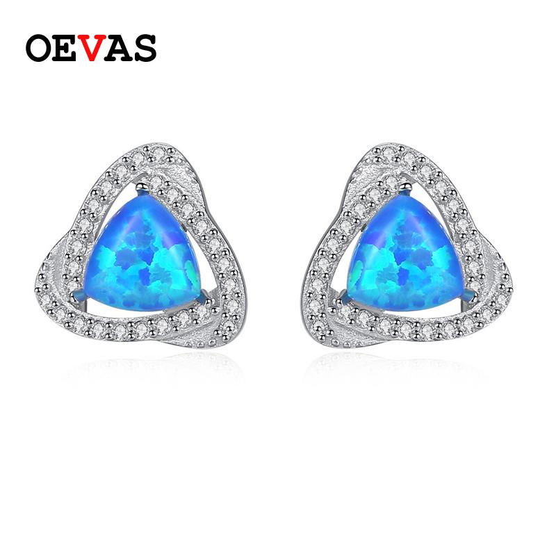 

OEVAS Solid 925 Sterling Silver Stud Earrings For Women Colorful Opal Sparkling Zircon Wedding Party Bride Band Fine Jewelry