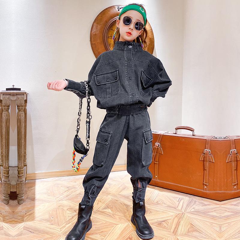 

Trend Baby Girls Clothes Jeans Denim Suit Sets 4 6 8 10 12 13 Years Teens Kids Girls Short Jacket Coats jeans Joggers 2pcs Sets, Black