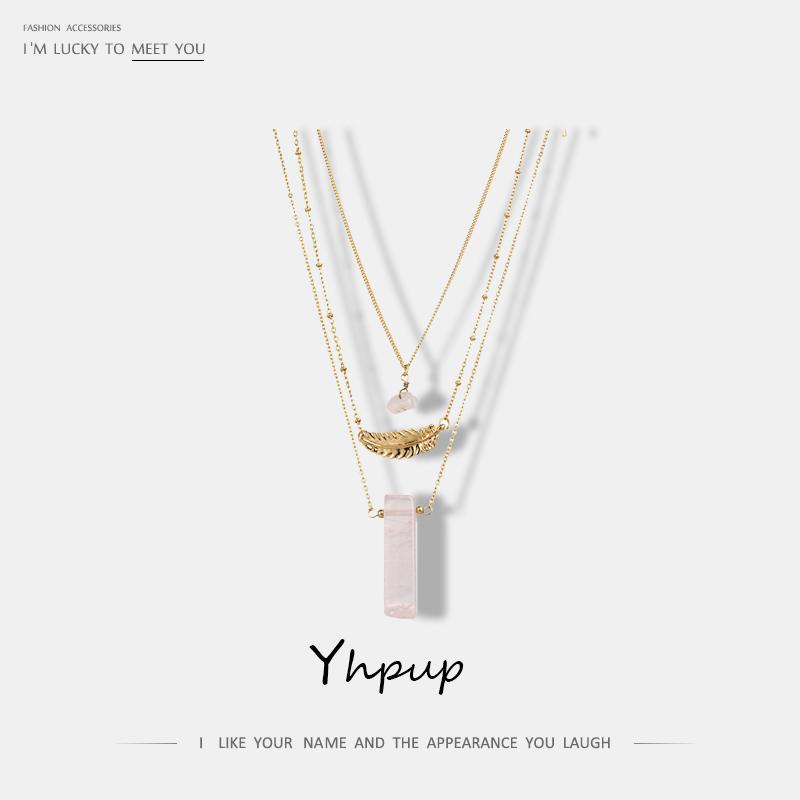 

Yhpup Brand Three Layer Long Necklace Gold Leaf Pink Natural Stone Pendant Multilayer Chain Collar Necklace Summer Jewelry Gift