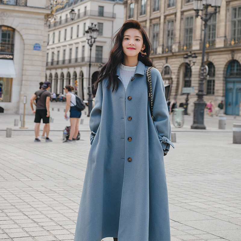 

2021 New Feminine solid color medium length autumn/winter Korean style unique lapel breasted fresh leisure sweet thickened wool coat Y29J, Blue