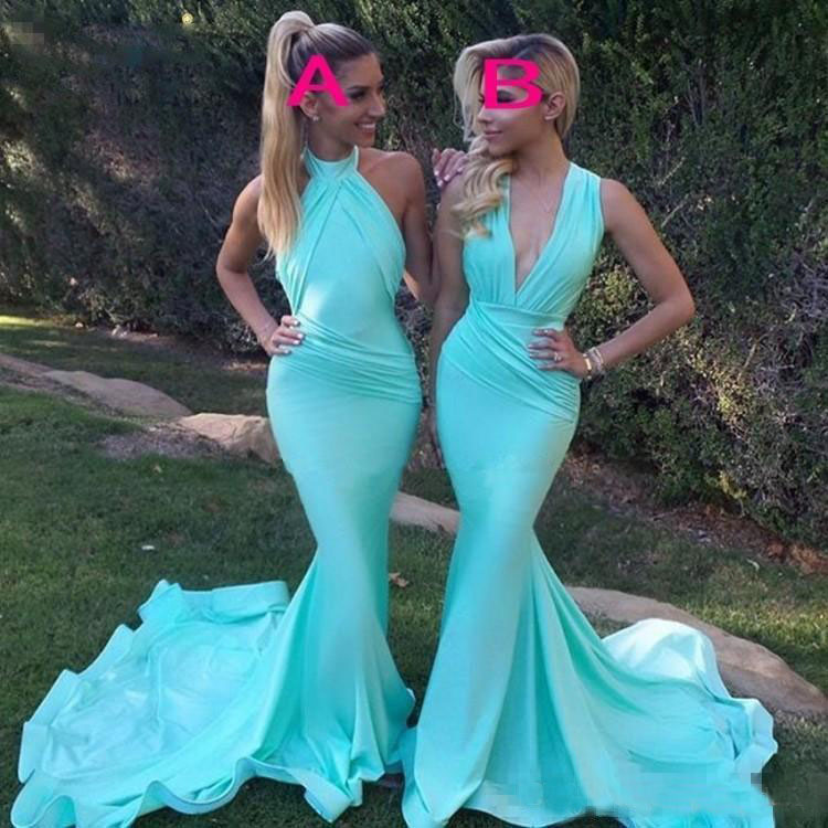 

Two Styles Bridesmaid Dresses Halter Or Deep V Neck Summer Garden Countryside Maid of Honor Gowns Custom Made