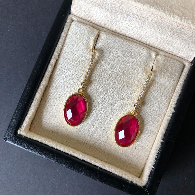

100% 925 Sterling Silver Gold color Vintage Natural Ruby Gemstone Dangle Drop Earrings For Women Anniversary Christmas Gifts