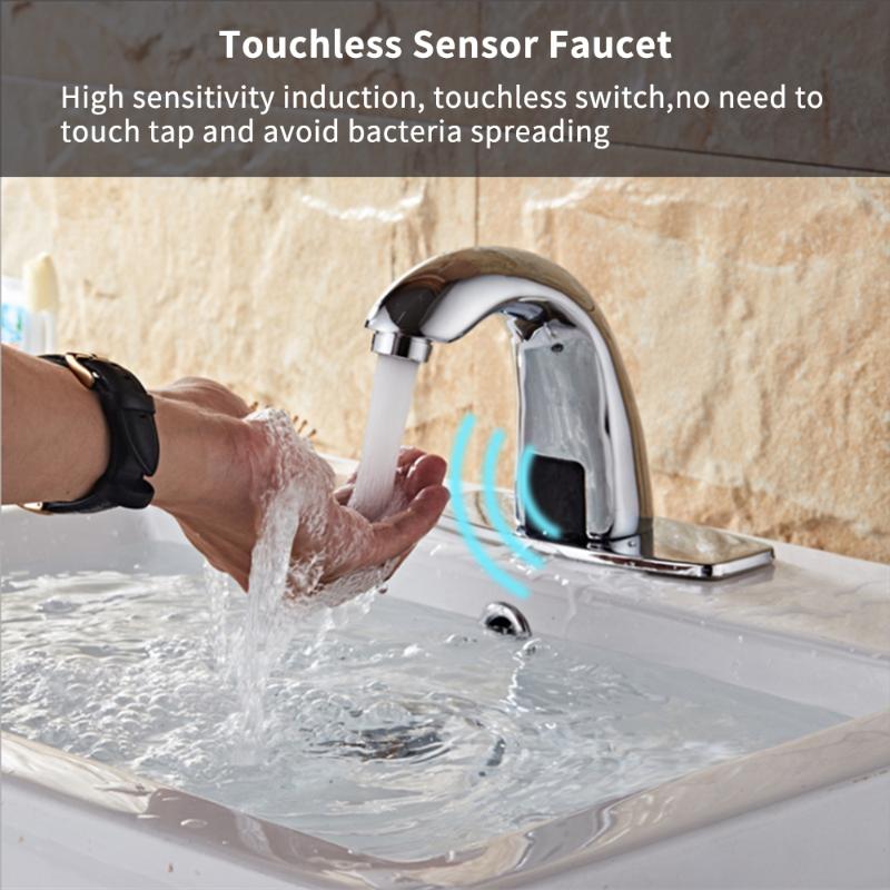 

Hands Free Bathroom Sink Faucet Automatic Sensor Touchless with Hole Cover Plate Built-in Filter Chrome Finished Brass Water Tap