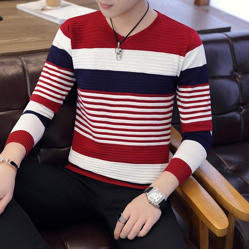 

Nice Autumn And Winter New Men Sweater Men Slim Knit Pullover Sweater V-neck multi-color Striped Casual Shirt1, Zangqin-se