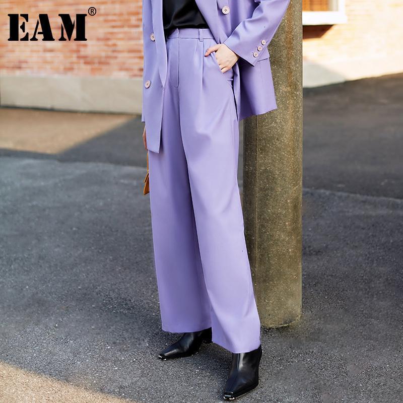 

EAM] High Waist Purple Pleated Split Joint Long Wide Leg Trousers New Loose Fit Pants Women Fashion Spring Autumn 2020 1H0961, Violet