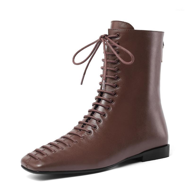 

Women's genuine leather cross strp lace-up flats ankle boots back zip female autumn short booties high quality square toe shoes1, Black
