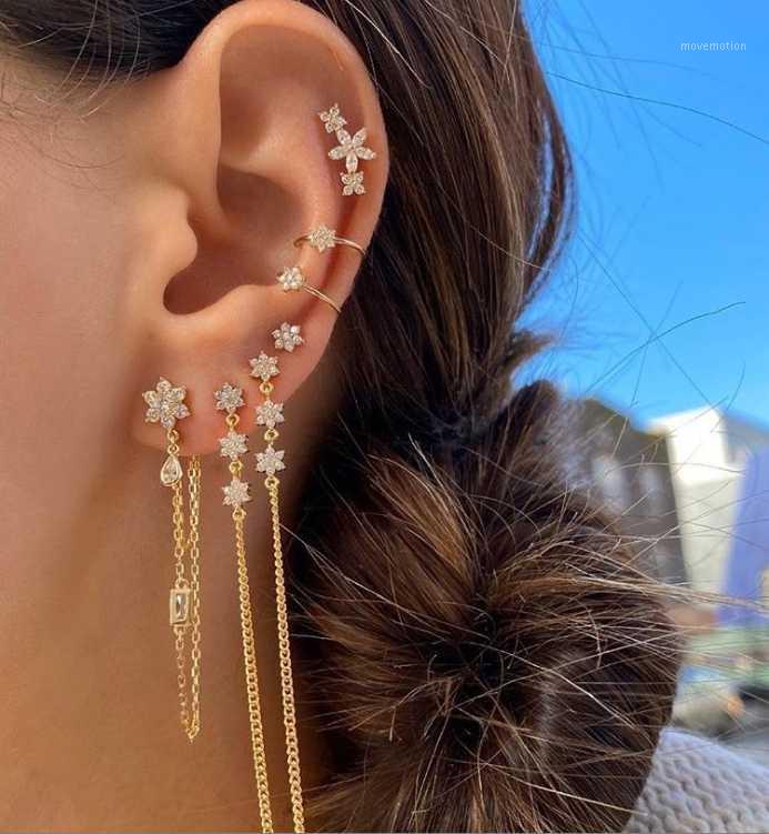 

fashion dainty flower with long chain Tassel dangling Earrings for Women Romantic 3pc CZ flower charm Bridal Wedding Jewelry1