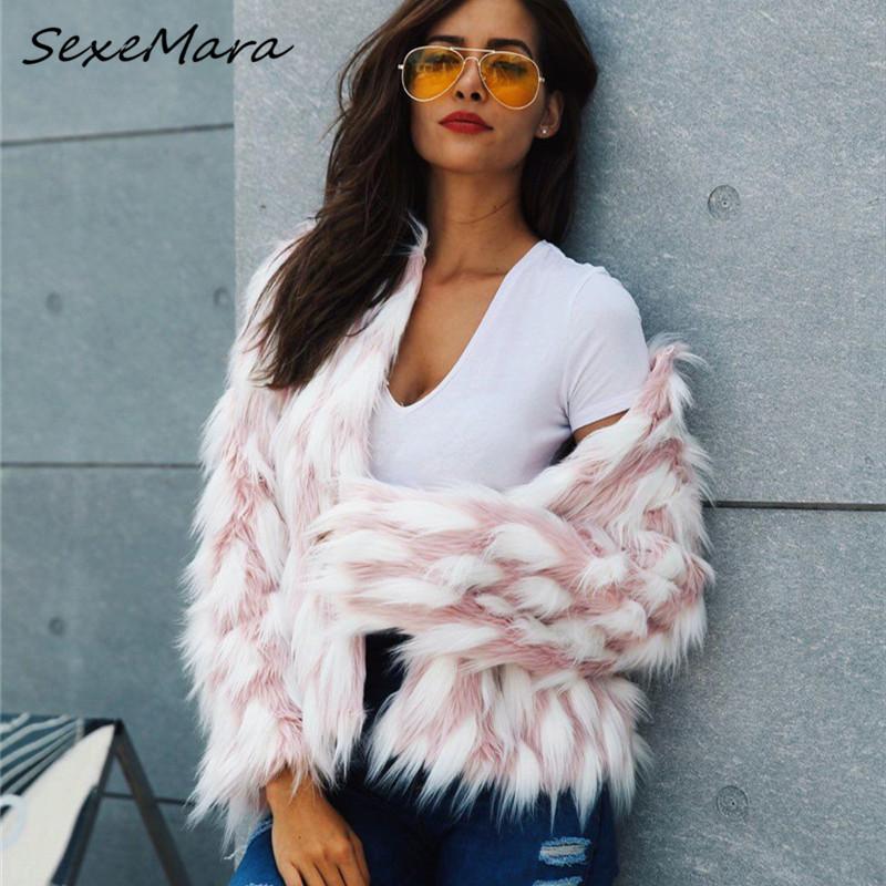 

Winter Women Fashion Casual Women Clothes Faux Fur Jacket White Pink Patchwork Warm Coat, As pic