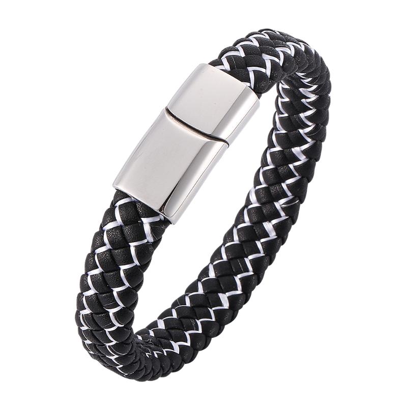 

Retro Business Men's Black White Woven Leather Bracelet Stainless Steel Magnetic Buckle Fashion Simple Charm Bracelet 7-SP0001
