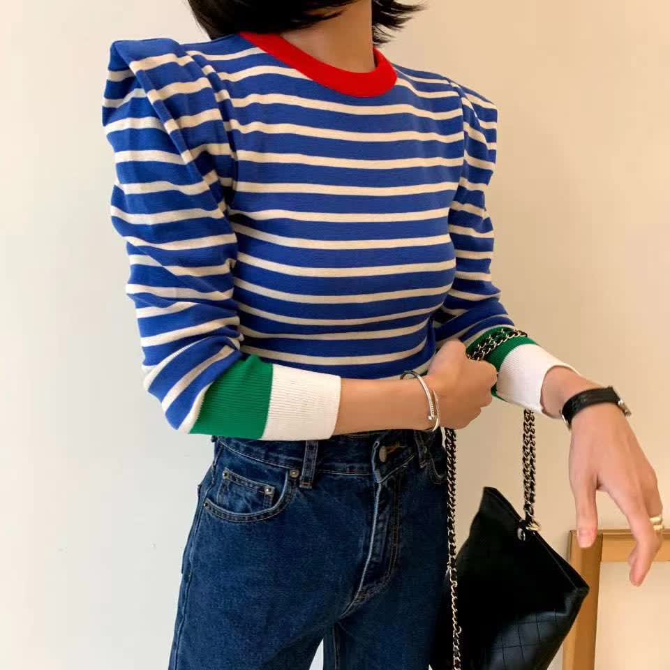 

Korean Striped Color-blocked Knitted Sweaters Pullovers 2021 new spring Long Sleeve O-neck Tops Casual Fashion sexy Ladies Jumpers, Black