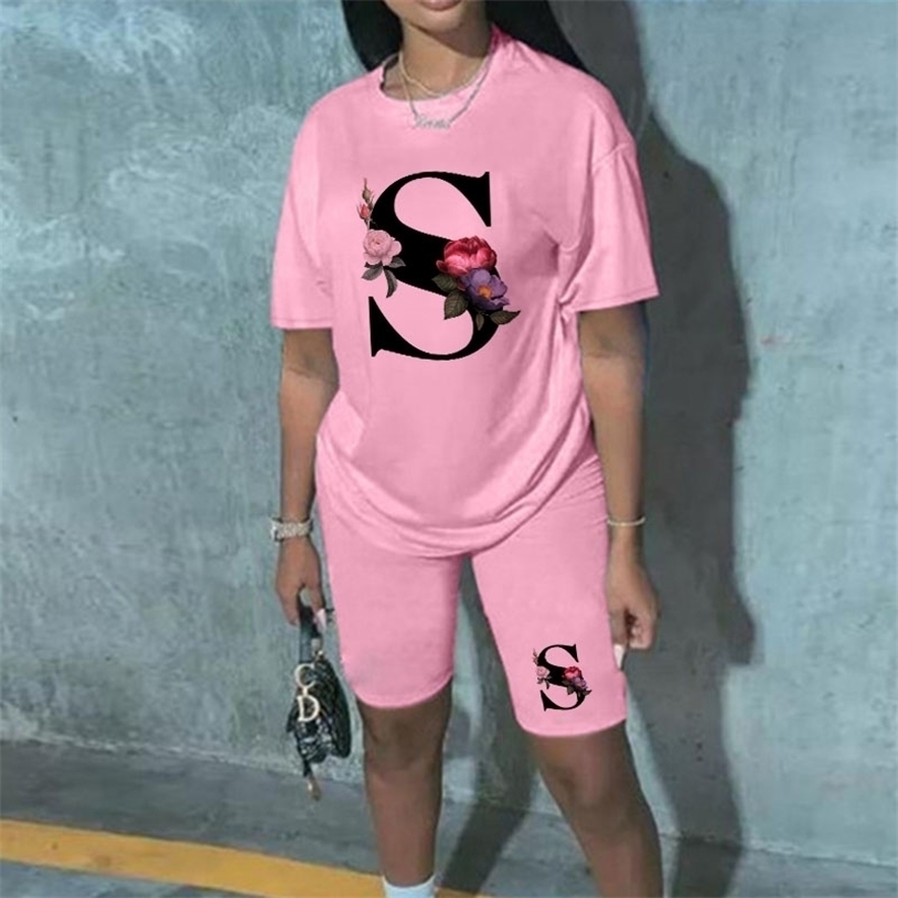 

Women Two Piec Set Letter T Shirts And Shorts Summer Short Sleeve O-neck Casual 2 Piece Joggers Biker Outfit For Woman 220312, 10649-pink