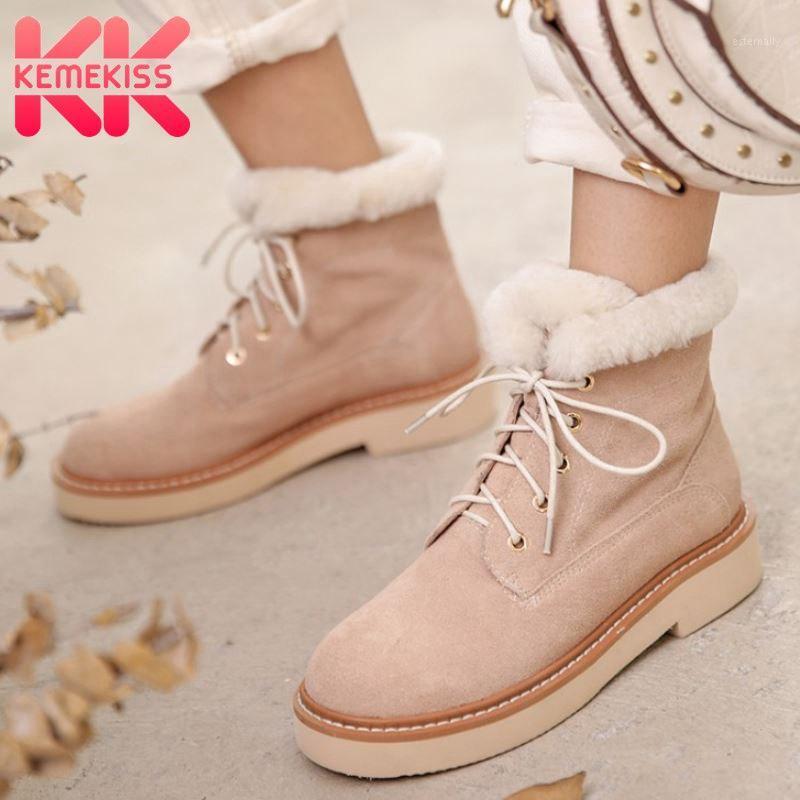

KemeKiss Real Leather Women Snow Boots Plush Fur Warm Flats Winter Shoes Woman Cross Strap Fashion Platform Footwear Size 33-401, Black
