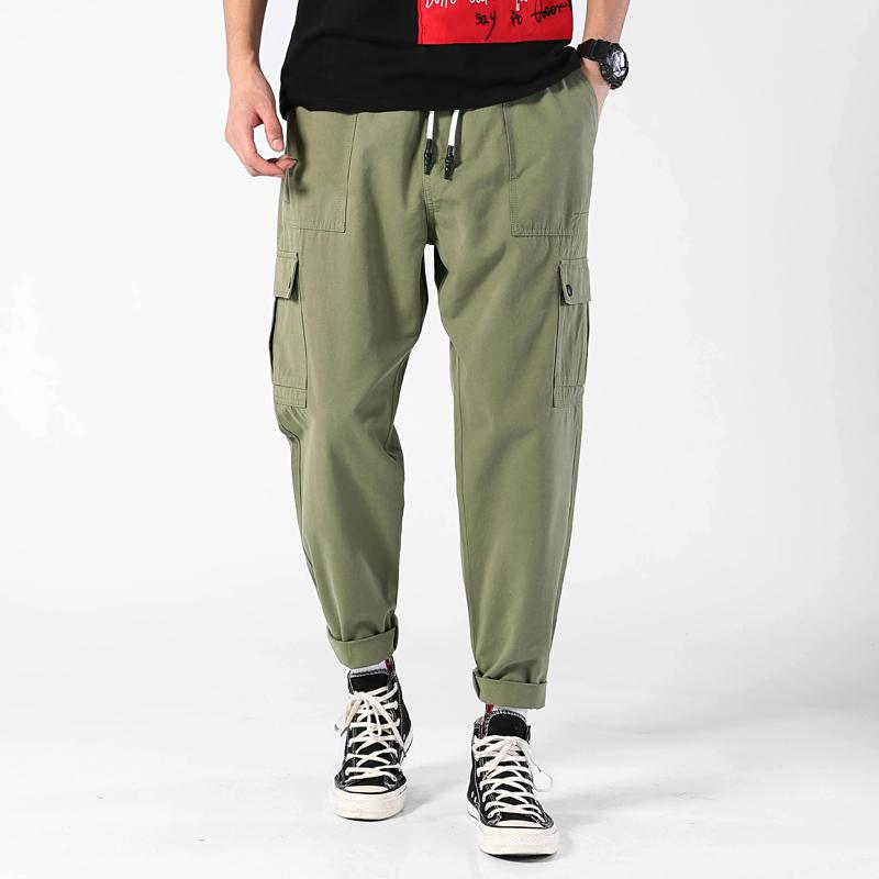 

2021 New Cargo Pants Men 100% Cotton Men's Clothing High Quality Loose Fit Multi-pockets Casual Pants Tapered Harem Trousers, Green