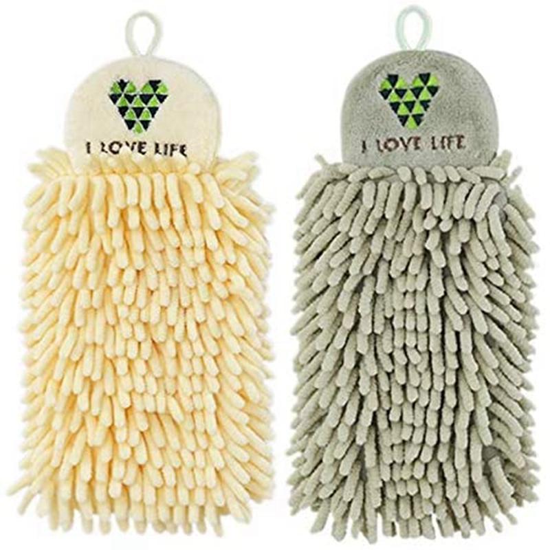 

2Pcs Kitchen Hanging Towels Set Chenille Hand Face Wipe Towels Bathroom Washcloths,Hangable Absorbent Kitchen Towel, Beige bean green