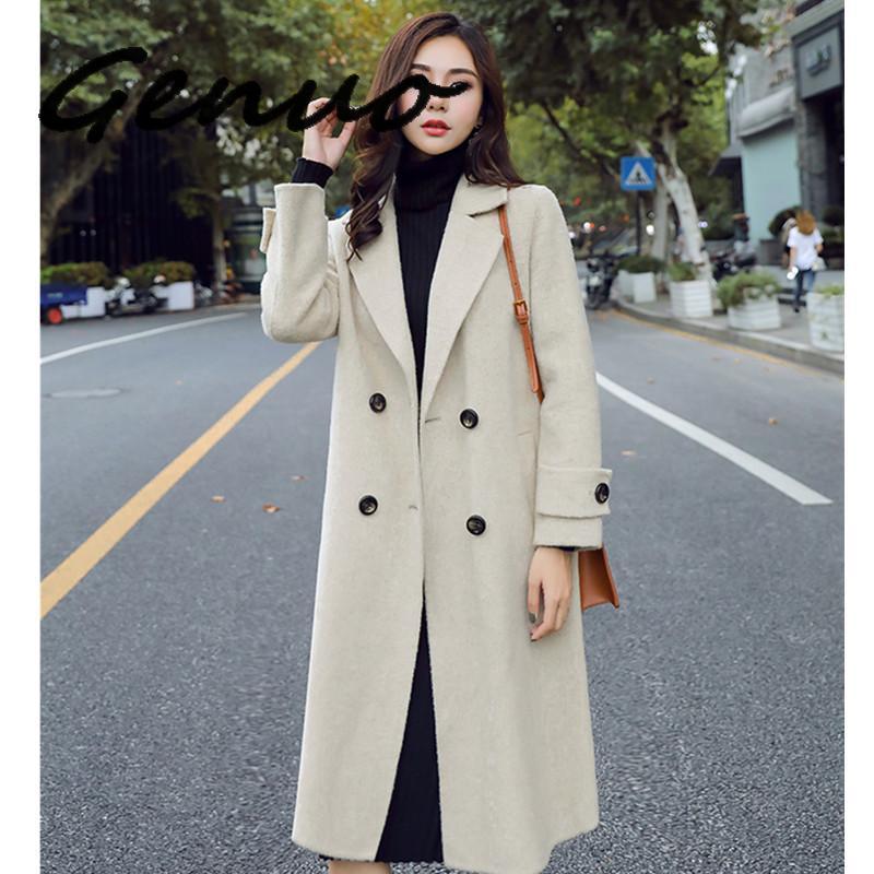 

Korean Winter Women Wool Long Jacket Fashion Slim Elegant Ladies Warm Overcoat Solid Color Female High Grade Popular Woolen Coat, Black