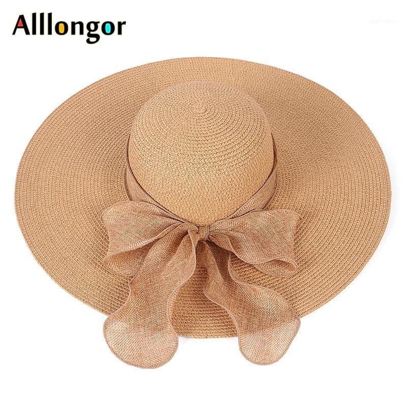 

Foldable Women Sun Hats Wide Brim Straw Hat Female 2020 Outdoor Summer Ribbon bowknot Beach Hat Casual Shade Anti uv Cap1, Khaki