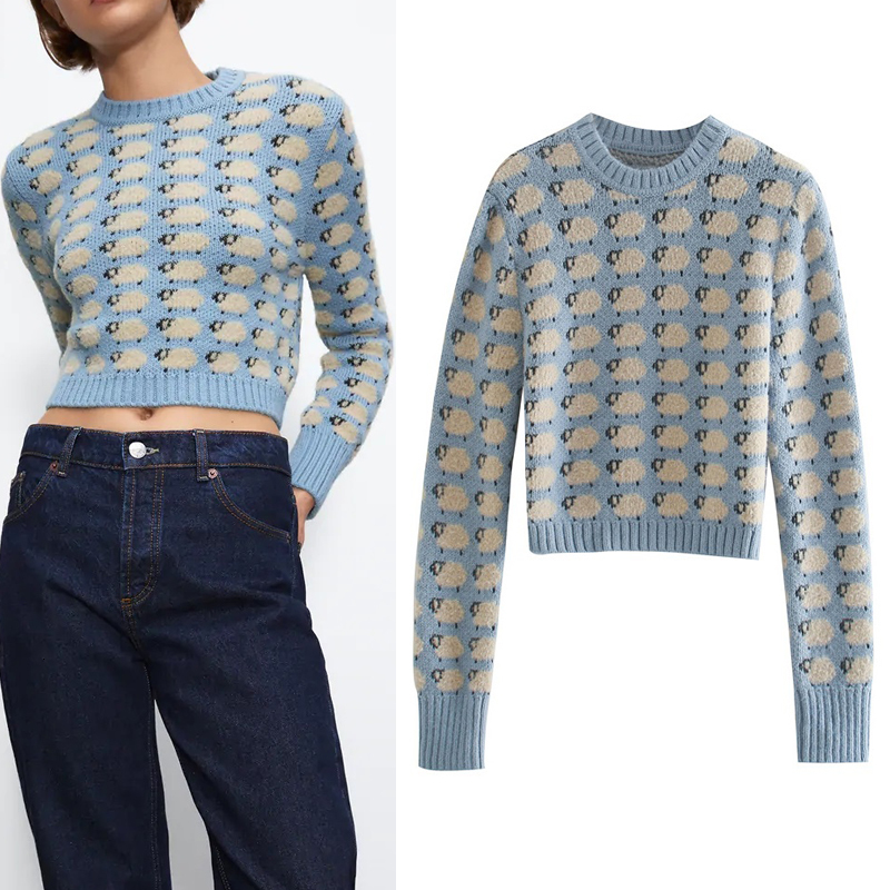 

2021 New Blue Animal Jacquard Cropped Knitted Women Autumn Winter Vintage o Neck Long Sleeve Cute Christmas Sweater Top Nngp