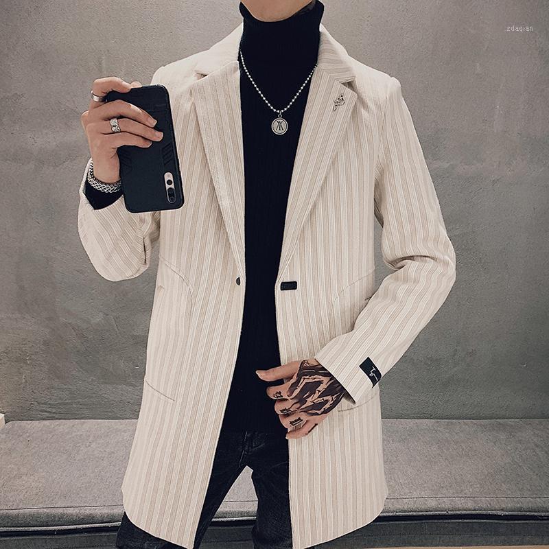 

New Winter Wool Trench Coat Striped Long Men Jackets and Coats Casual Slim Fit Steetwear Windbreaker Male Outwear Erkekler Ceket1, Beige